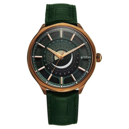 Titan Stellar Analog with Sun Moon Phase and Green Dial Green Leather Strap Watch for Men 10028ql01