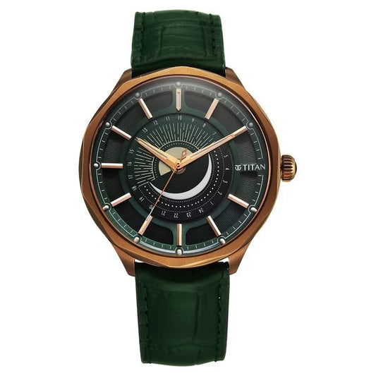 Titan Stellar Analog with Sun Moon Phase and Green Dial Green Leather Strap Watch for Men 10028ql01