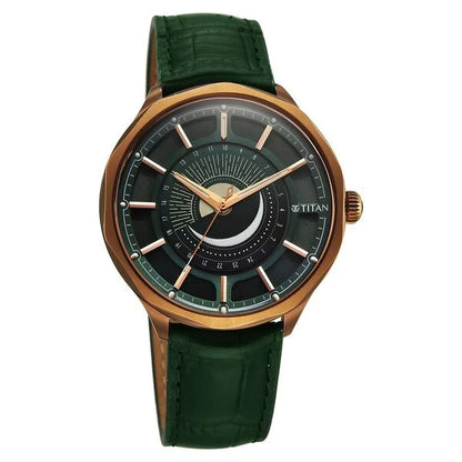 Titan Stellar Analog with Sun Moon Phase and Green Dial Green Leather Strap Watch for Men 10028ql01