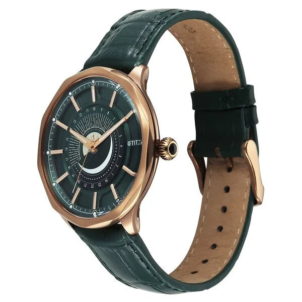 Titan Stellar Analog with Sun Moon Phase and Green Dial Green Leather Strap Watch for Men 10028ql01