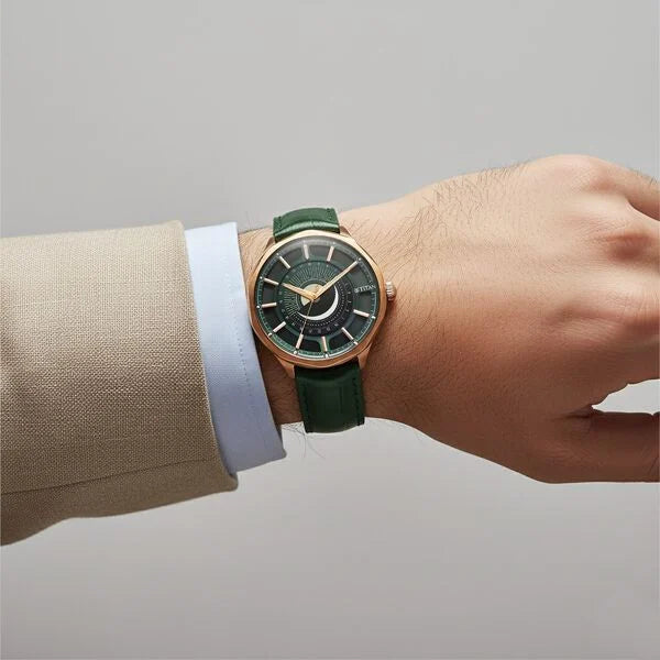 Titan Stellar Analog with Sun Moon Phase and Green Dial Green Leather Strap Watch for Men 10028ql01