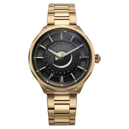 Titan Stellar Analog with Sun Moon Phase and Black Dial Carnation Gold Stainless Steel Strap Watch for Men 10028wm01