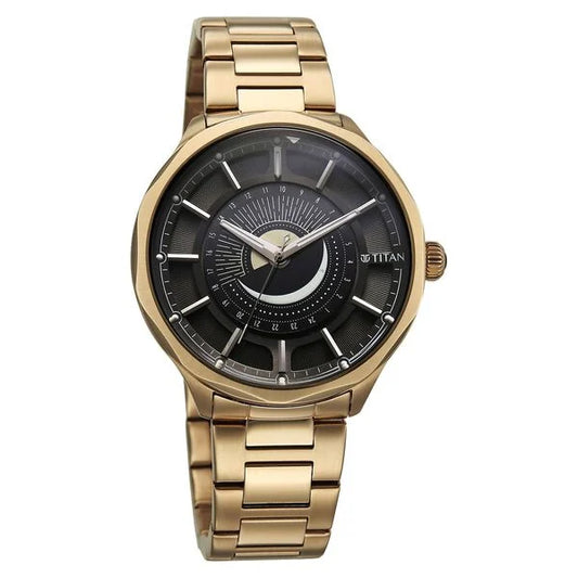 Titan Stellar Analog with Sun Moon Phase and Black Dial Carnation Gold Stainless Steel Strap Watch for Men 10028wm01