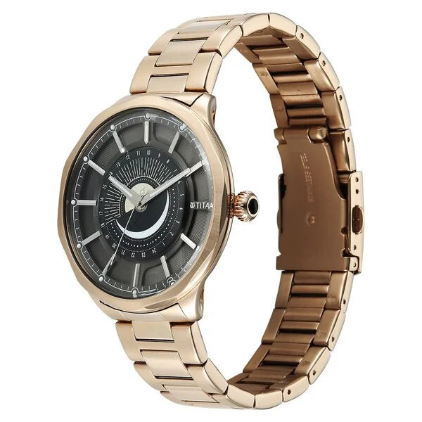 Titan Stellar Analog with Sun Moon Phase and Black Dial Carnation Gold Stainless Steel Strap Watch for Men 10028wm01