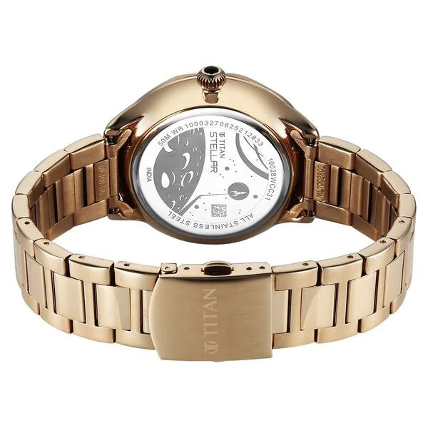 Titan Stellar Analog with Sun Moon Phase and Black Dial Carnation Gold Stainless Steel Strap Watch for Men 10028wm01