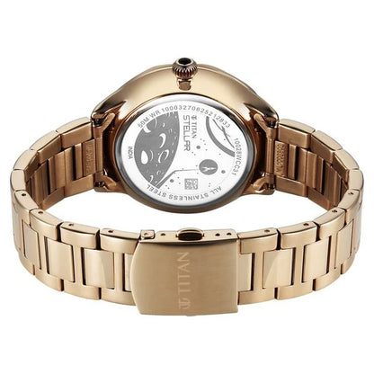 Titan Stellar Analog with Sun Moon Phase and Black Dial Carnation Gold Stainless Steel Strap Watch for Men 10028wm01