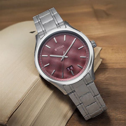 Titan Palette Of Time Quartz Analog with Date Maroon Dial Stainless Steel Strap Watch For Men nt10033sm02
