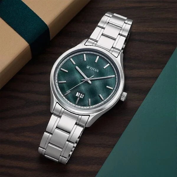 Titan Palette Of Time Quartz Analog with Date Green Dial Stainless Steel Strap Watch For Men nt10033sm03 Men's Watch