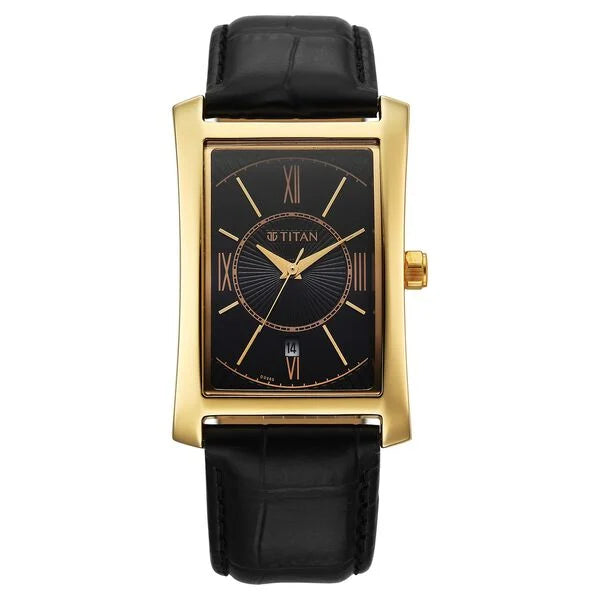 Titan Regalia Allure Analog with Date and Black Dial Black Leather Strap Watch for Men 10046yl01