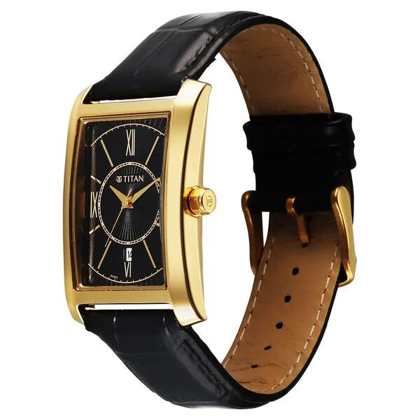 Titan Regalia Allure Analog with Date and Black Dial Black Leather Strap Watch for Men 10046yl01