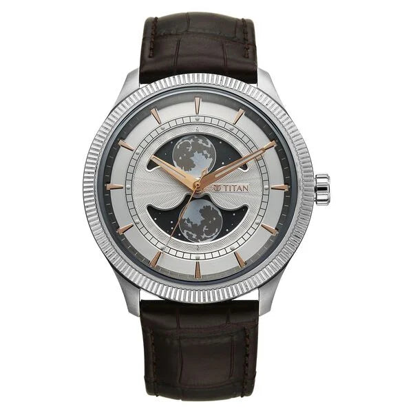 Titan Stellar Analog with Dual Moon Phase and Silver Dial Brown Leather Strap Watch for Men 10050sl01