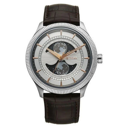 Titan Stellar Analog with Dual Moon Phase and Silver Dial Brown Leather Strap Watch for Men 10050sl01