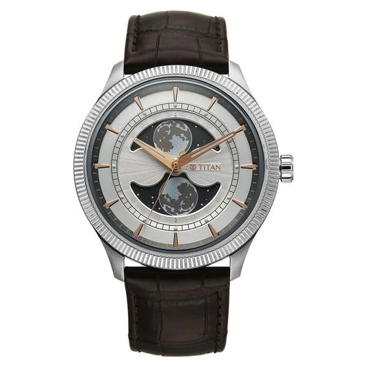 Titan Stellar Analog with Dual Moon Phase and Silver Dial Brown Leather Strap Watch for Men 10050sl01