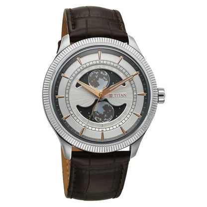 Titan Stellar Analog with Dual Moon Phase and Silver Dial Brown Leather Strap Watch for Men 10050sl01