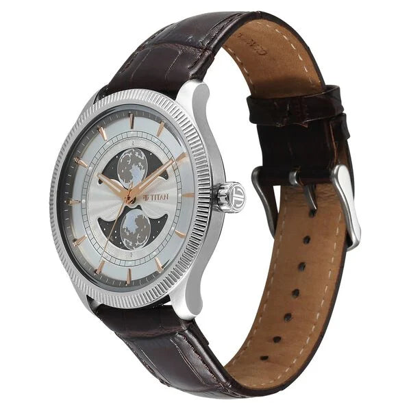 Titan Stellar Analog with Dual Moon Phase and Silver Dial Brown Leather Strap Watch for Men 10050sl01