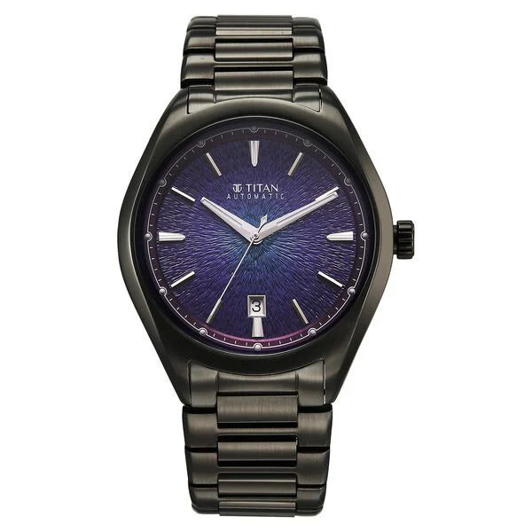 Titan Stellar Starlight Analog with Concealed Automatic and Violet Dial Dark Gun Stainless Steel Strap Watch for Men 10051qm01