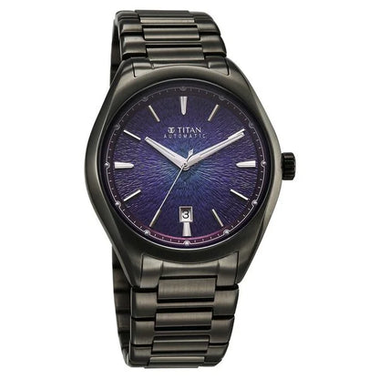 Titan Stellar Starlight Analog with Concealed Automatic and Violet Dial Dark Gun Stainless Steel Strap Watch for Men 10051qm01