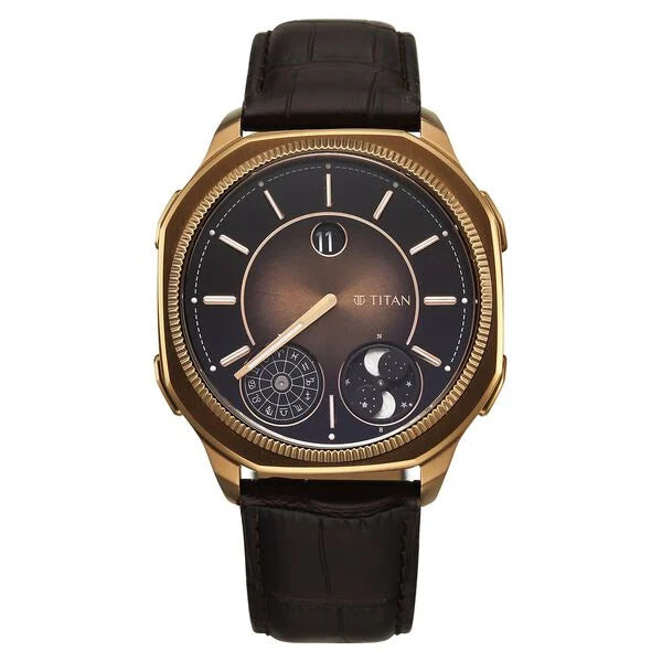 Titan Stellar Zodiac Analog with Dual Moonphase and Jumping Hour and Brown Dial Brown Leather Strap Watch for Men 10053ql01