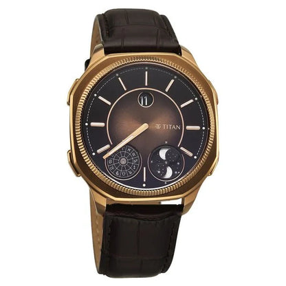 Titan Stellar Zodiac Analog with Dual Moonphase and Jumping Hour and Brown Dial Brown Leather Strap Watch for Men 10053ql01
