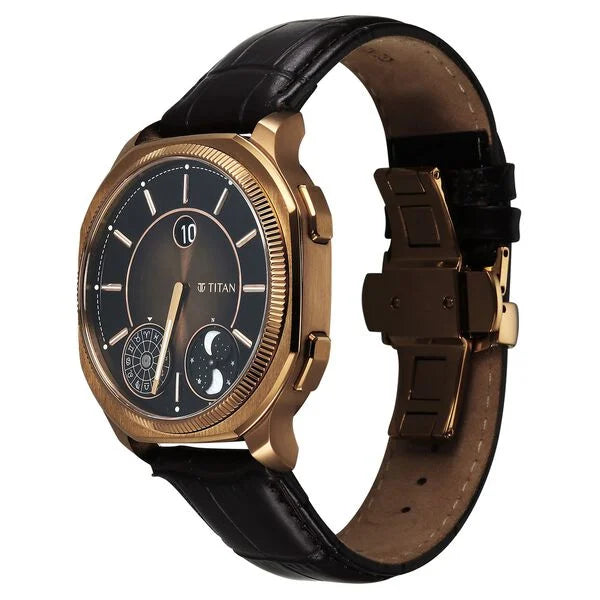 Titan Stellar Zodiac Analog with Dual Moonphase and Jumping Hour and Brown Dial Brown Leather Strap Watch for Men 10053ql01