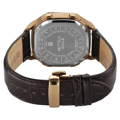 Titan Stellar Zodiac Analog with Dual Moonphase and Jumping Hour and Brown Dial Brown Leather Strap Watch for Men 10053ql01