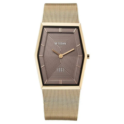 Titan Edge Whimsey Quartz Analog Brown Dial Golden Stainless Steel Strap Watch For Men 10056qm01