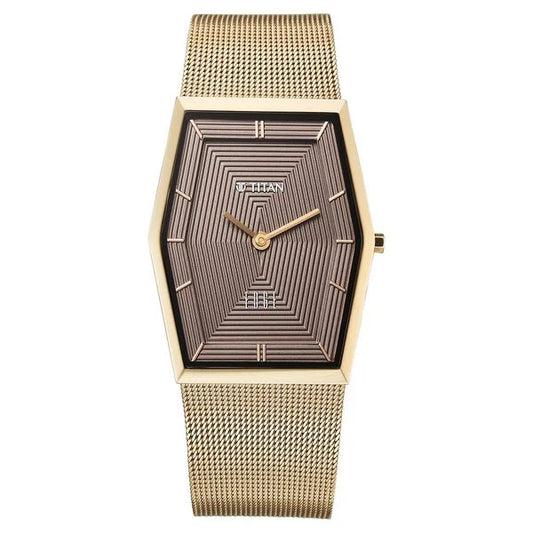 Titan Edge Whimsey Quartz Analog Brown Dial Golden Stainless Steel Strap Watch For Men 10056qm01