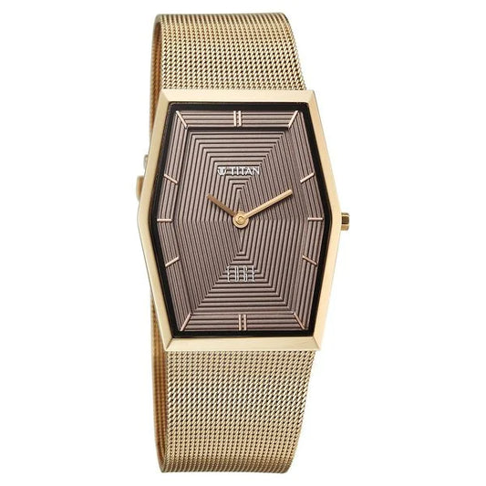 Titan Edge Whimsey Quartz Analog Brown Dial Golden Stainless Steel Strap Watch For Men 10056qm01