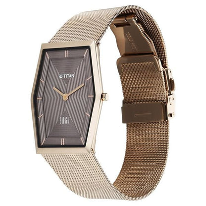 Titan Edge Whimsey Quartz Analog Brown Dial Golden Stainless Steel Strap Watch For Men 10056qm01