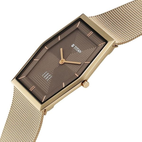 Titan Edge Whimsey Quartz Analog Brown Dial Golden Stainless Steel Strap Watch For Men 10056qm01