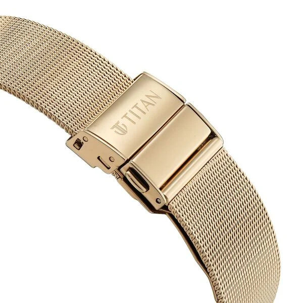 Titan Edge Whimsey Quartz Analog Brown Dial Golden Stainless Steel Strap Watch For Men 10056qm01