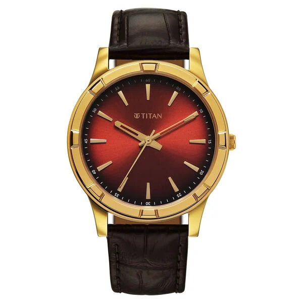 Titan Karishma Festive Analog with Mahogany Brown Dial Brown Leather Strap Watch for Men 10058yl01