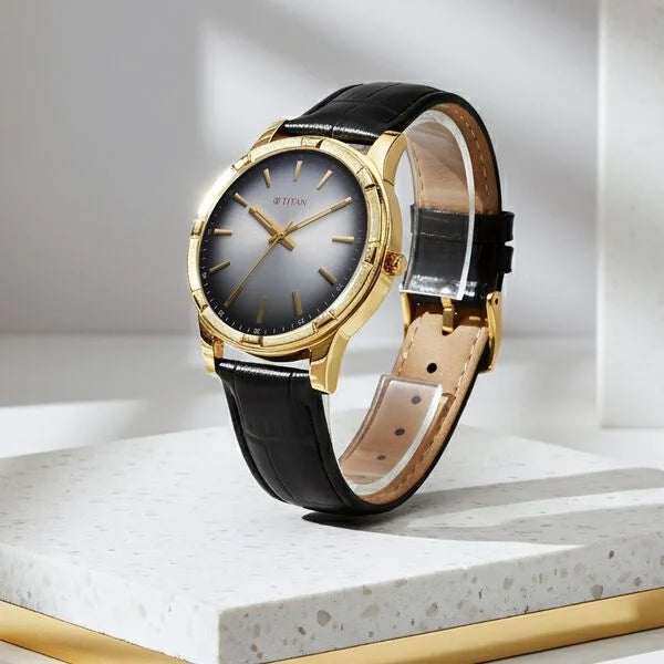 Titan Karishma Festive Analog with Silver Dial Black Leather Strap Watch for Men 10058yl03