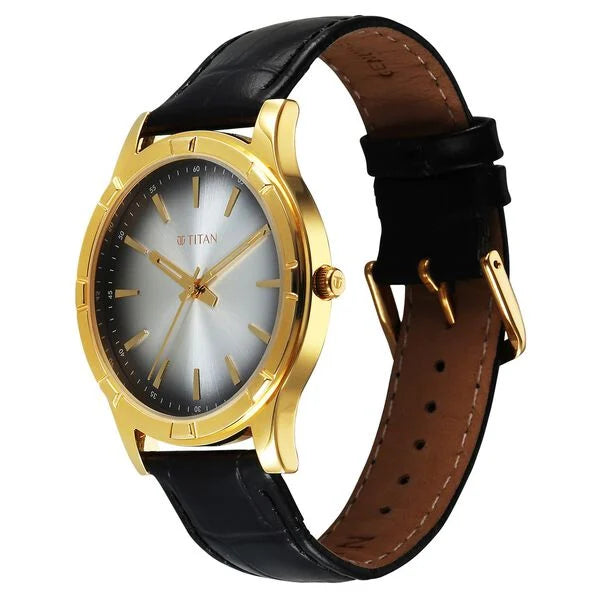 Titan Karishma Festive Analog with Silver Dial Black Leather Strap Watch for Men 10058yl03