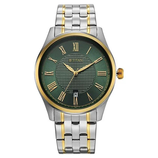 Titan Neo Roman Analog with Green Dial Dual Tone Stainless Steel Strap Watch for Men 10063bm01 Men's Watch