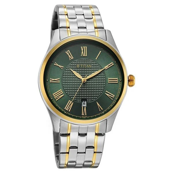 Titan Neo Roman Analog with Green Dial Dual Tone Stainless Steel Strap Watch for Men 10063bm01 Men's Watch