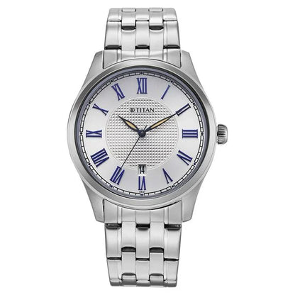 Titan Neo Roman Analog with Silver White Dial Silver Stainless Steel Strap Watch for Men 10063sm01