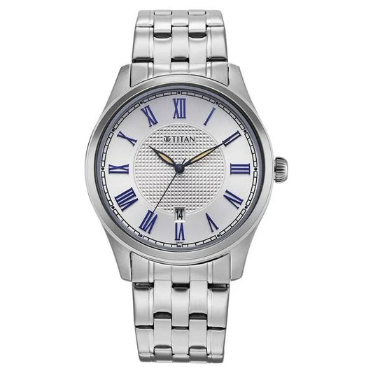 Titan Neo Roman Analog with Silver White Dial Silver Stainless Steel Strap Watch for Men 10063sm01