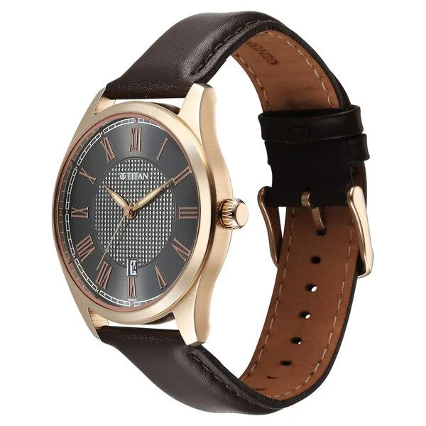 Titan Neo Roman Analog with Anthracite Dial Brown Leather Strap Watch for Men 10063wl01