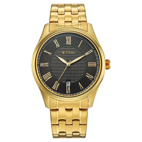 Titan Neo Roman Analog with Green Dial Carnation Gold Stainless Steel Strap Watch for Men 10063ym01