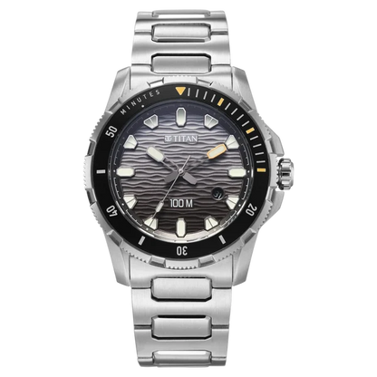 Titan Zero Hour Diver's 100m Quartz Analog Black Dial Silver Stainless Steel Strap Watch For Men 10067km01
