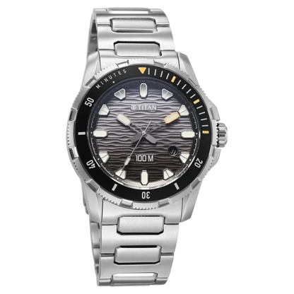 Titan Zero Hour Diver's 100m Quartz Analog Black Dial Silver Stainless Steel Strap Watch For Men 10067km01