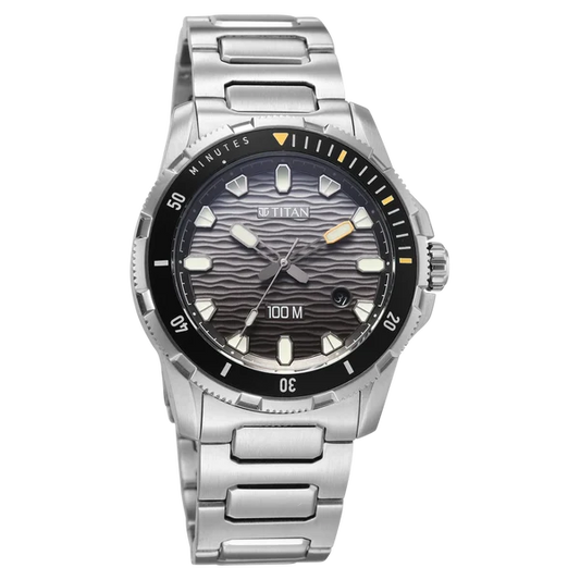 Titan Zero Hour Diver's 100m Quartz Analog Black Dial Silver Stainless Steel Strap Watch For Men 10067km01