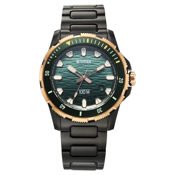 Titan Zero Hour Diver's 100m Quartz Analog Blue Dial Black Stainless Steel Strap Watch For Men 10067km02