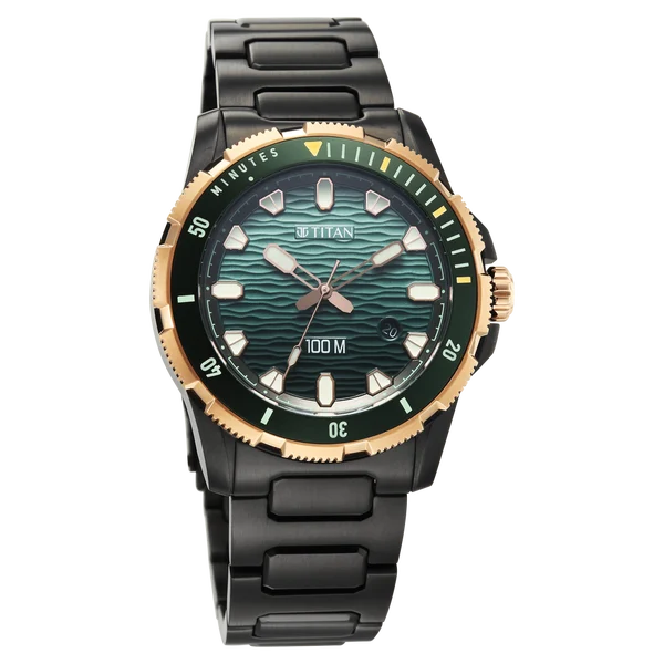 Titan Zero Hour Diver's 100m Quartz Analog Blue Dial Black Stainless Steel Strap Watch For Men 10067km02