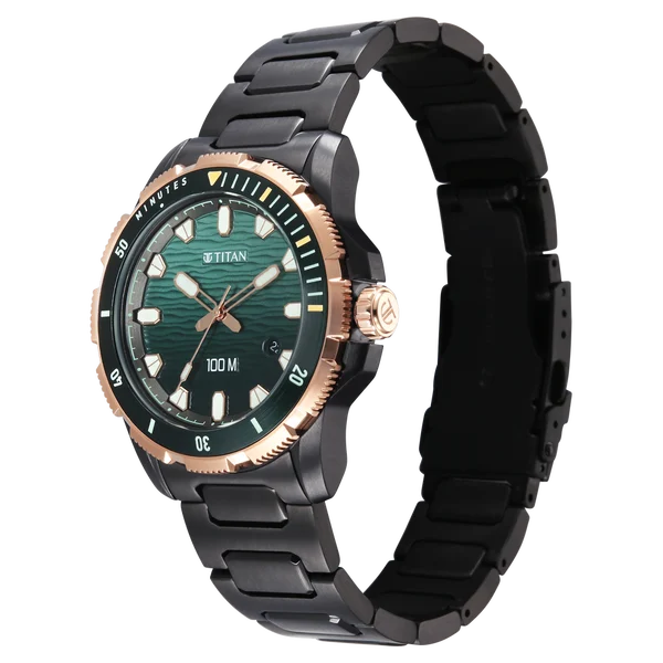 Titan Zero Hour Diver's 100m Quartz Analog Blue Dial Black Stainless Steel Strap Watch For Men 10067km02