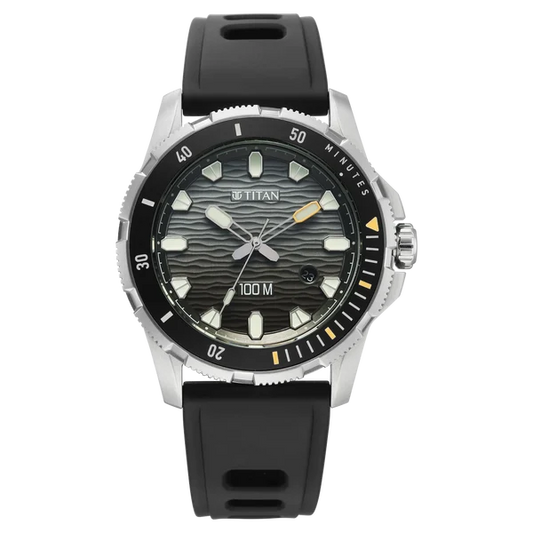 Titan Zero Hour Diver's 100m Quartz Analog Black Dial Black FKM Strap Watch For Men 10067kp01