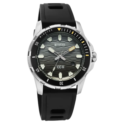 Titan Zero Hour Diver's 100m Quartz Analog Black Dial Black FKM Strap Watch For Men 10067kp01