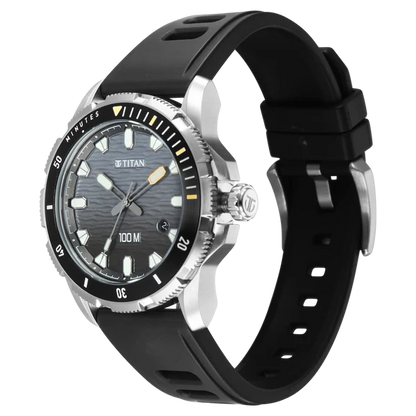 Titan Zero Hour Diver's 100m Quartz Analog Black Dial Black FKM Strap Watch For Men 10067kp01