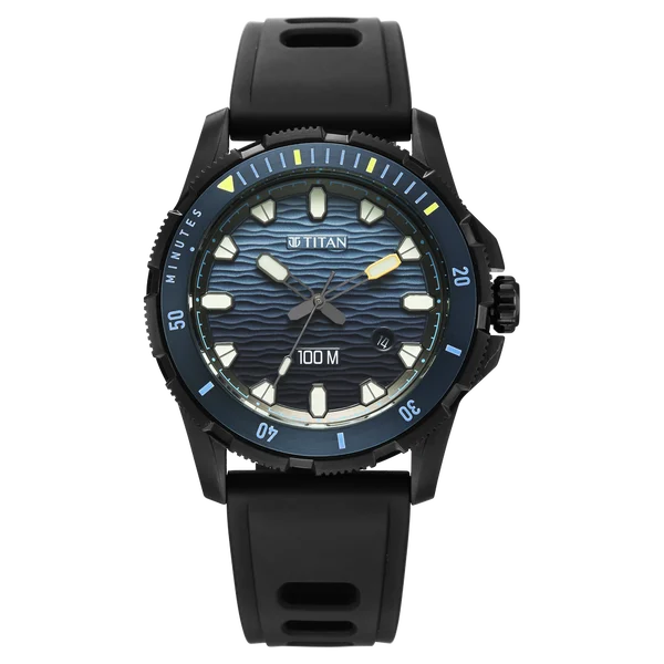 Titan Zero Hour Diver's 100m Quartz Analog Blue Dial Black FKM Strap Watch For Men 10067kp02